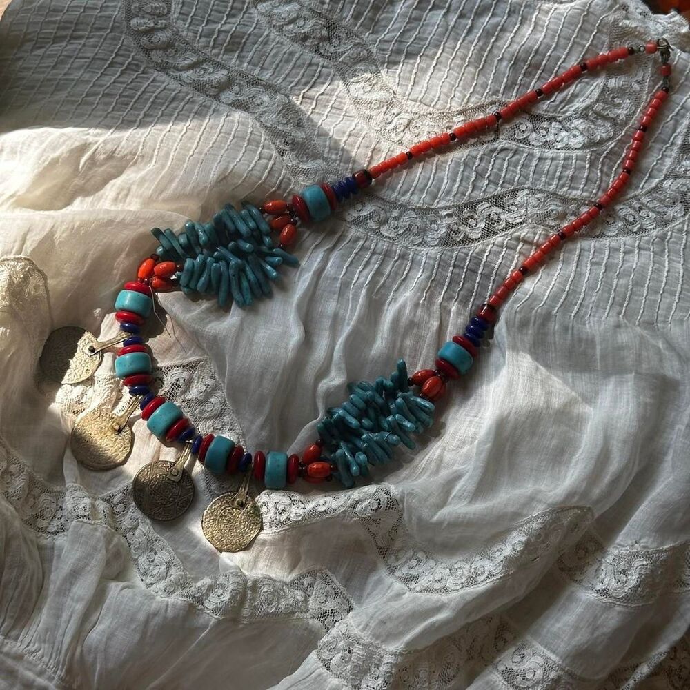 Handmade artisan beaded necklace, coin pendants, coral color turquoise color